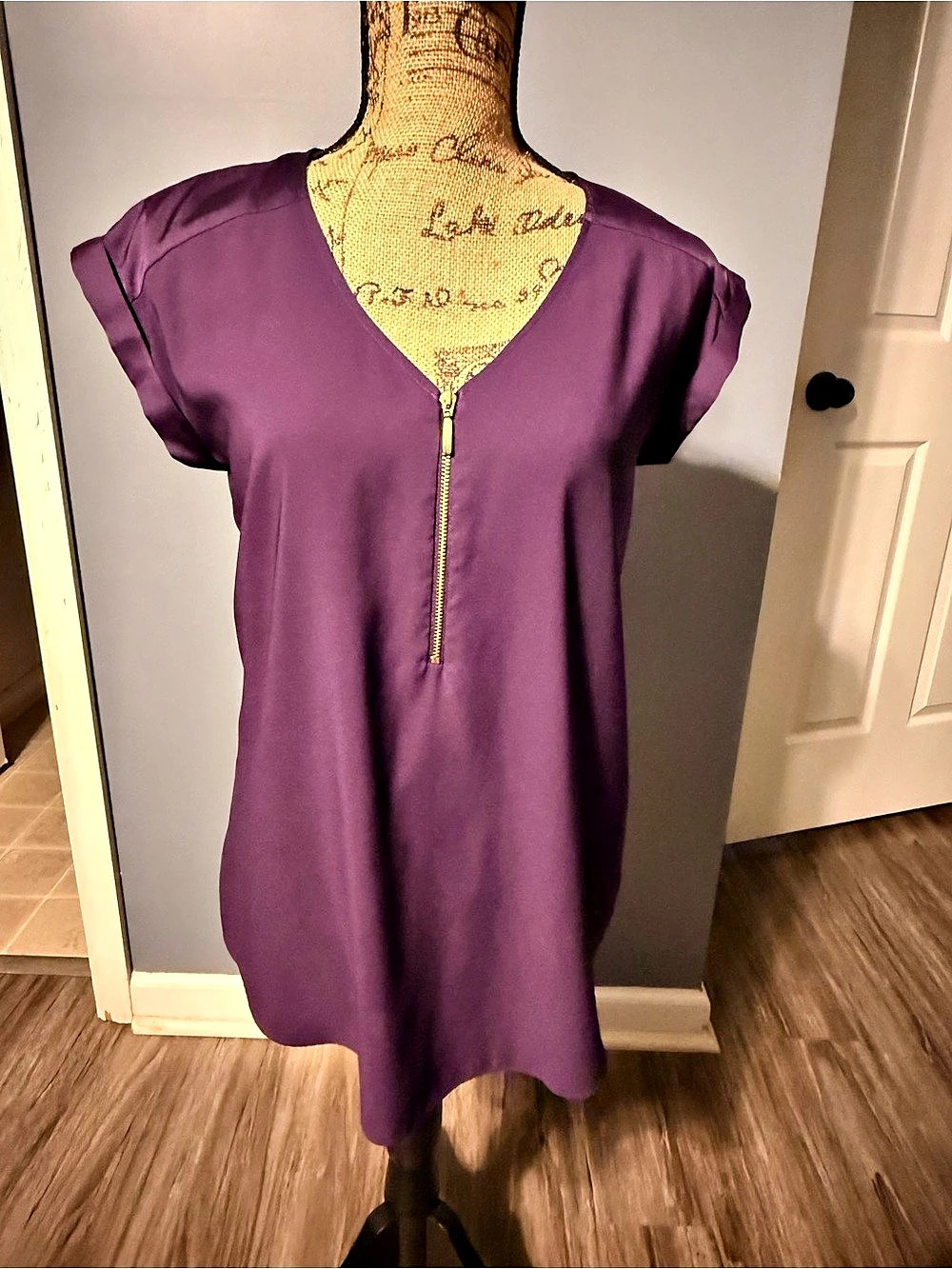 Express Purple V Neck blouse with Gold Tone Front Zipper.